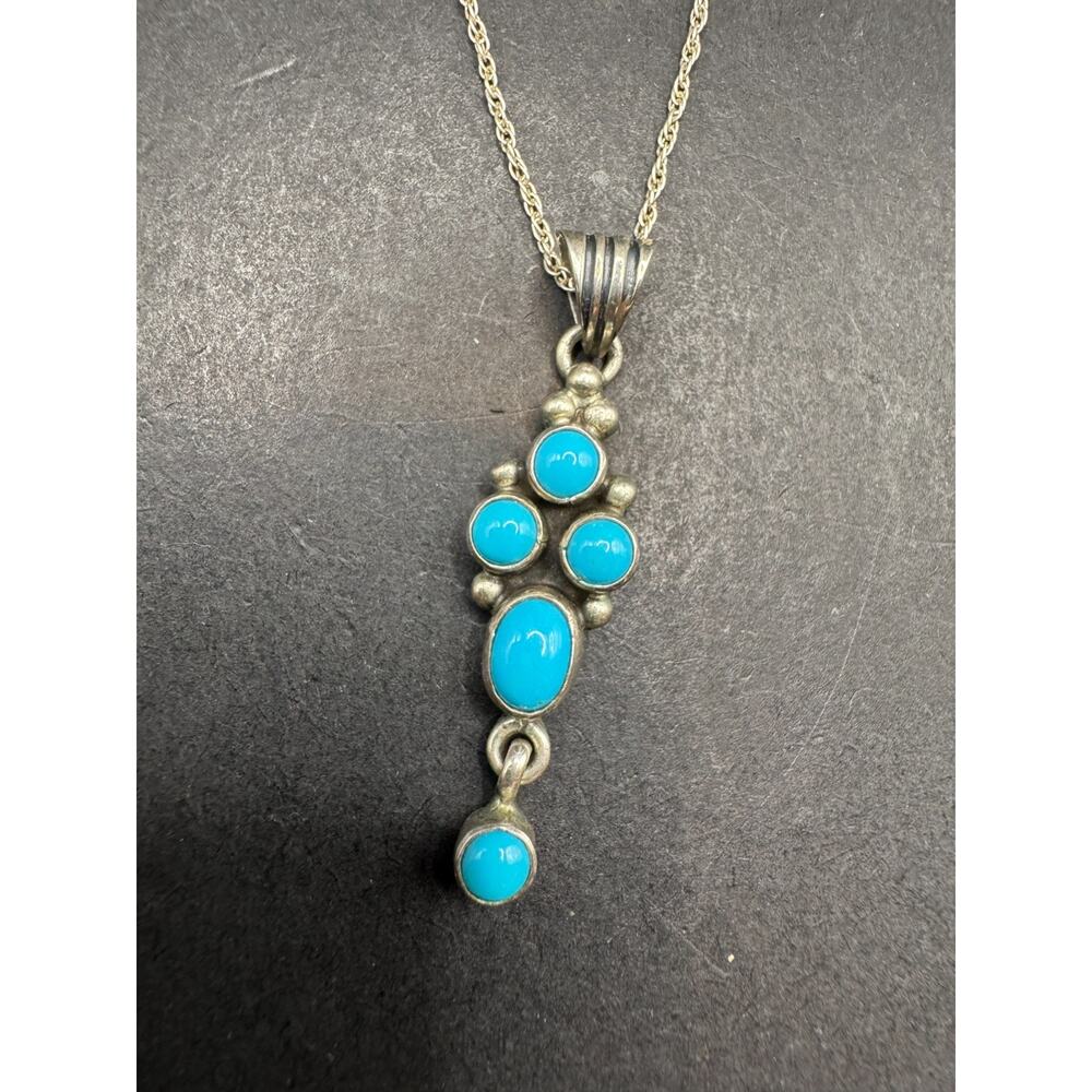 Vintage Navajo Turquoise Sterling Silver 925 Signed Pendant Chain Necklace